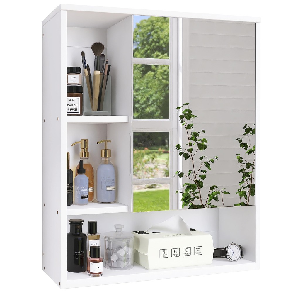 Bathroom Mirror Cabinet Wall-Mounted Bamboo Space-Saving Medicine Storage