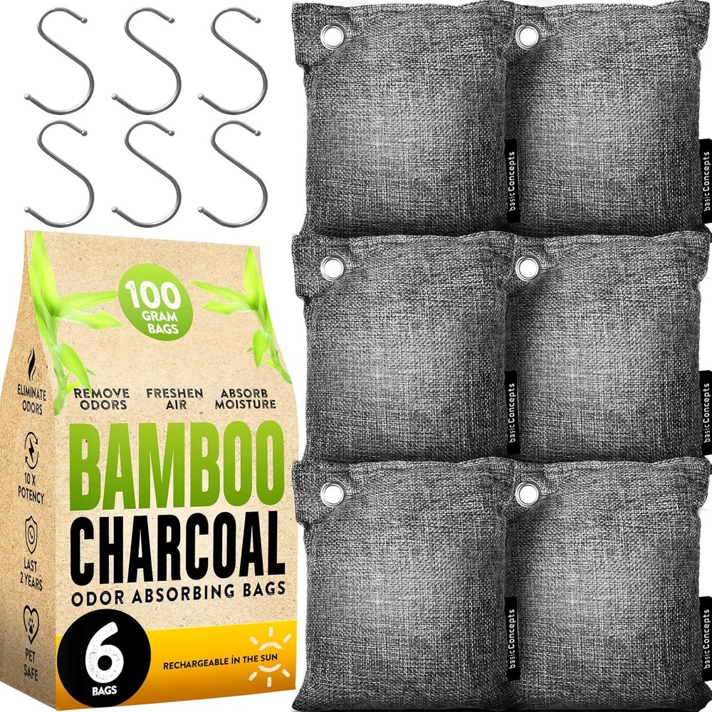 Charcoal Odor Absorber for Strong (6 Pack, 100g each), Bamboo Grey
