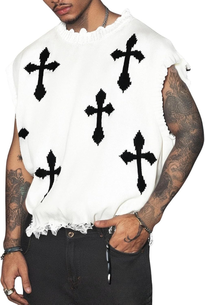 Men'S Sweater Vest Cross Print Ripped Y2K Sweaters Vintage Sleeveless Knit Tops