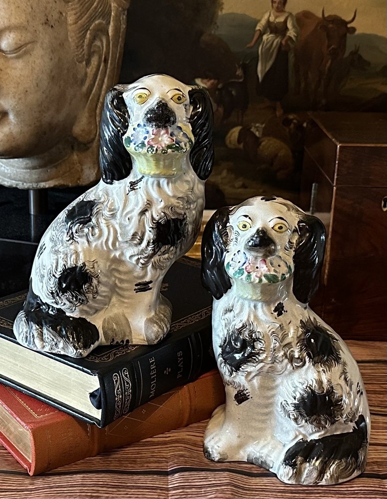 Gorgeous FLOWER BASKET English Victorian Staffordshire Spaniel Dog Pair 7.7”