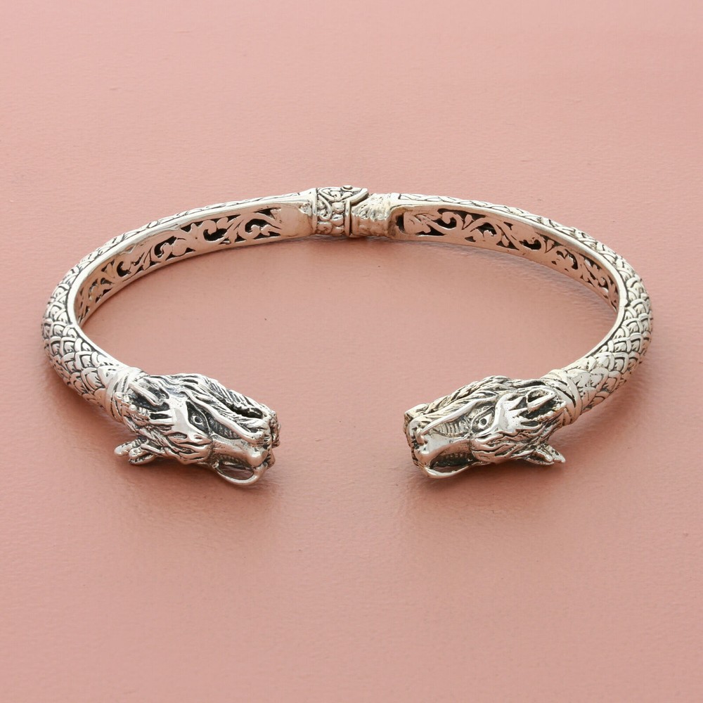 sterling silver mens bali dragon hinged cuff bracelet size 7in