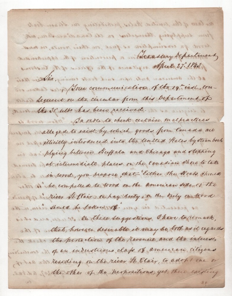 US 1843 OFFICIAL LETTER FROM THE TREASURY DEPT. SIGNED BY THE SECRETARY