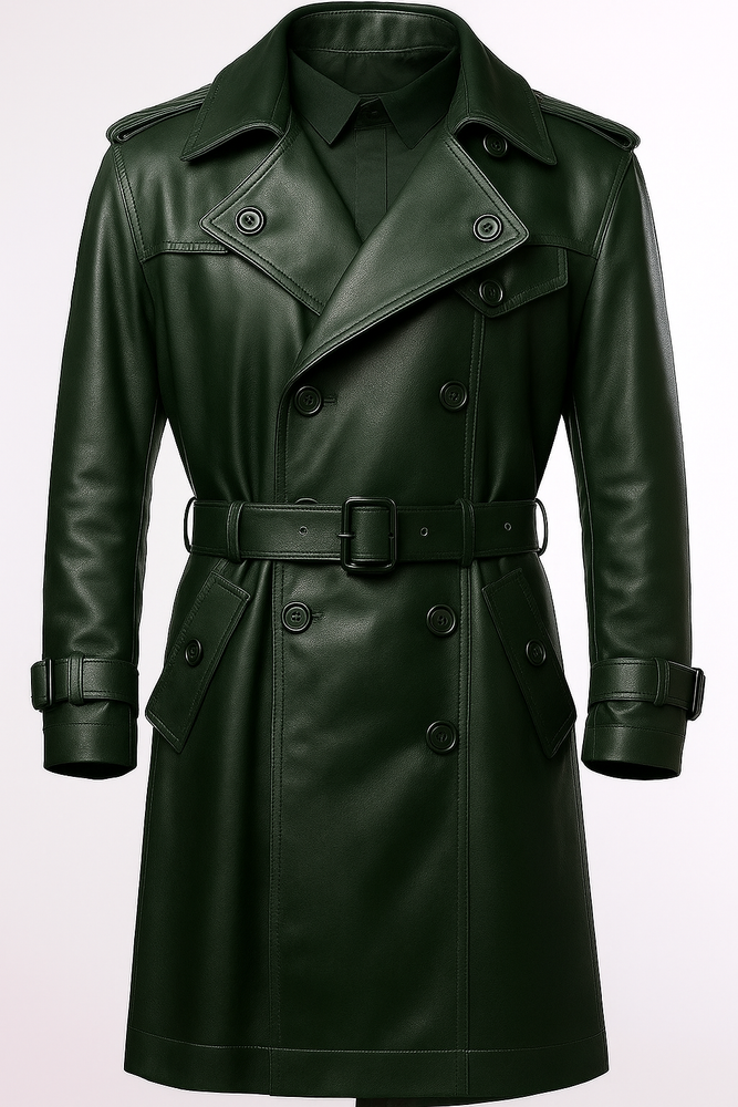 Men's Green Lambskin Leather Trench Coat Double-Breasted  Belted Long Overcoat