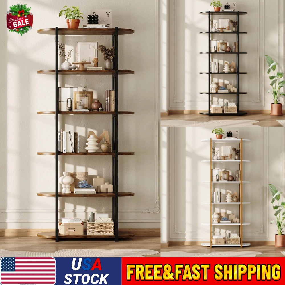 71'' 6 Tier Large Open Bookcase Book Shelf Display Rack Rustic Brown Metal Frame