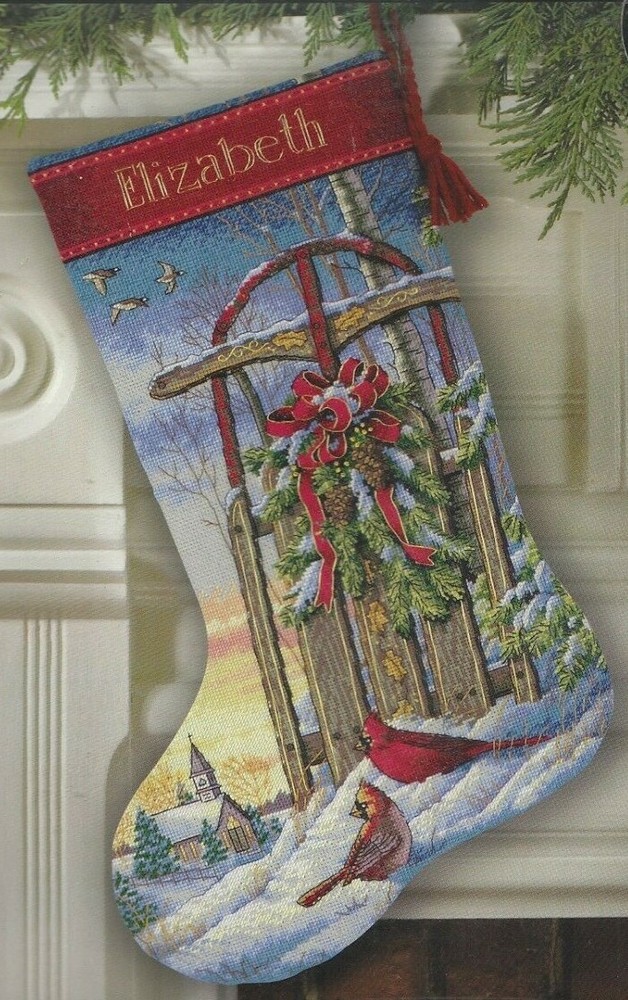 Handmade Cardinal Wooden Sled Cross Stitch Kit for Christmas Stocking Decor