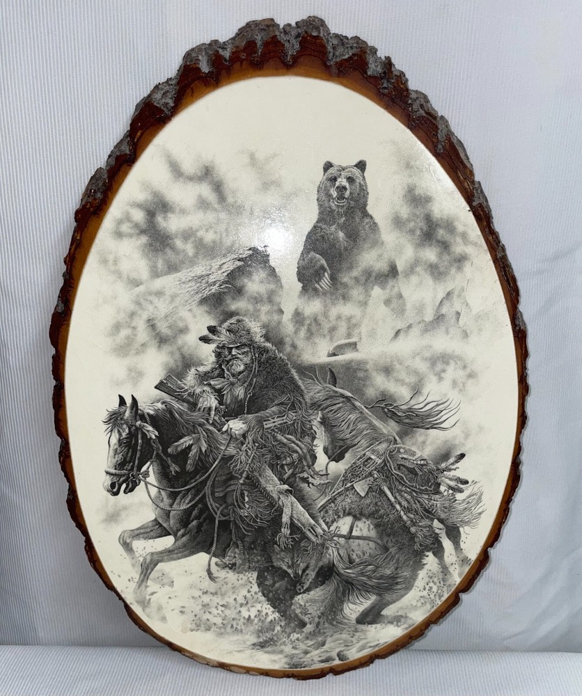 Wood Wall Plaque Wild Man & Grizzly Bear 16x11