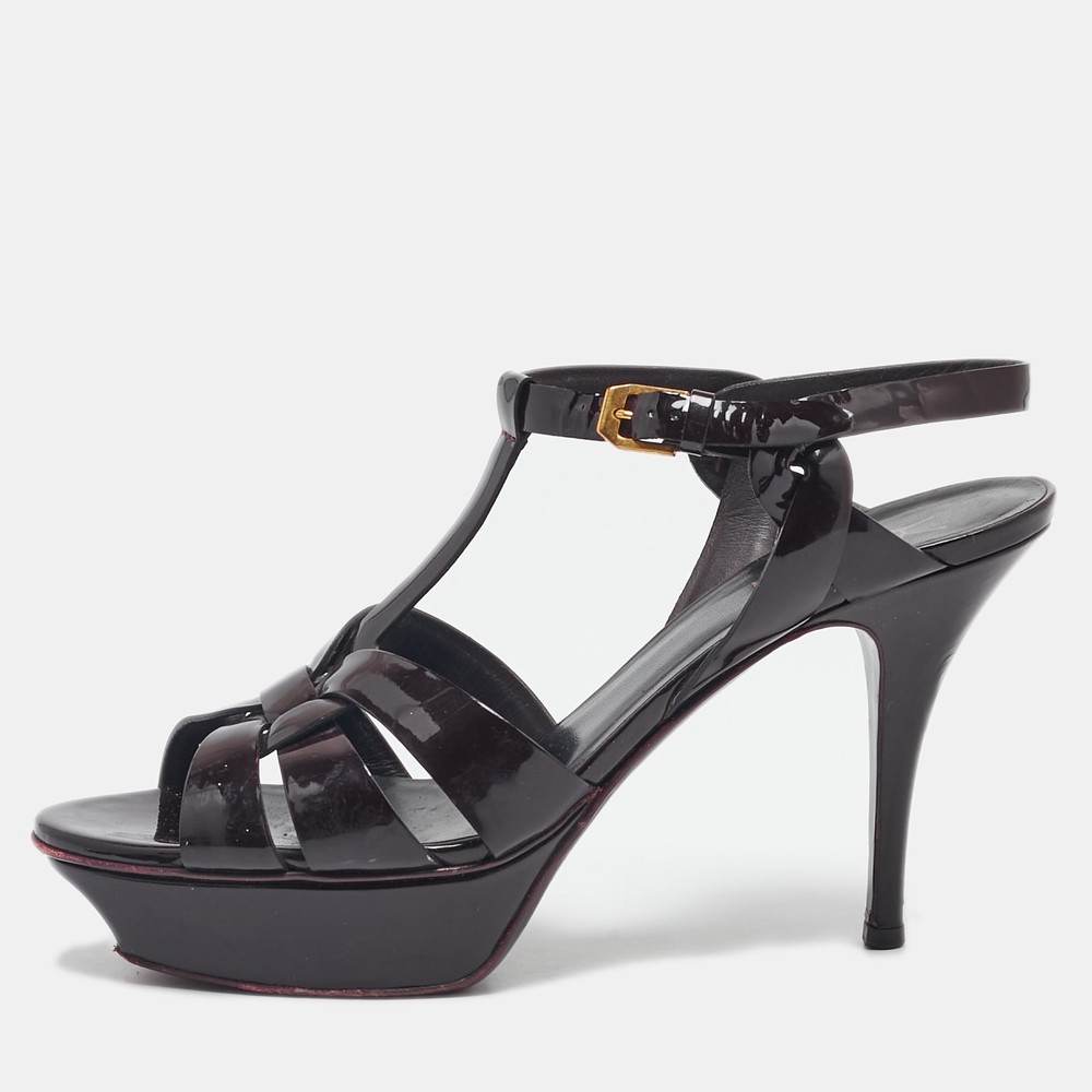 Saint Laurent Burgundy Patent Leather Tribute Ankle Strap Sandals Size 39