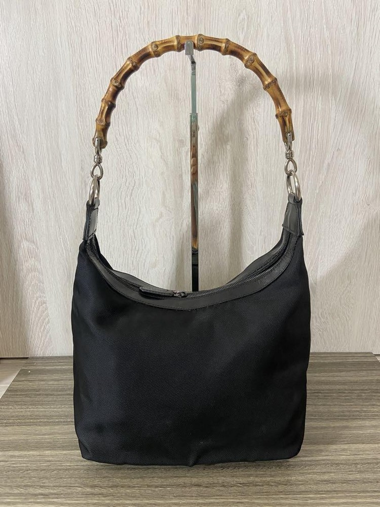 Gucci Bamboo Nylon Leather Black Tote Handbag 24x32x10cm Pre-Owned