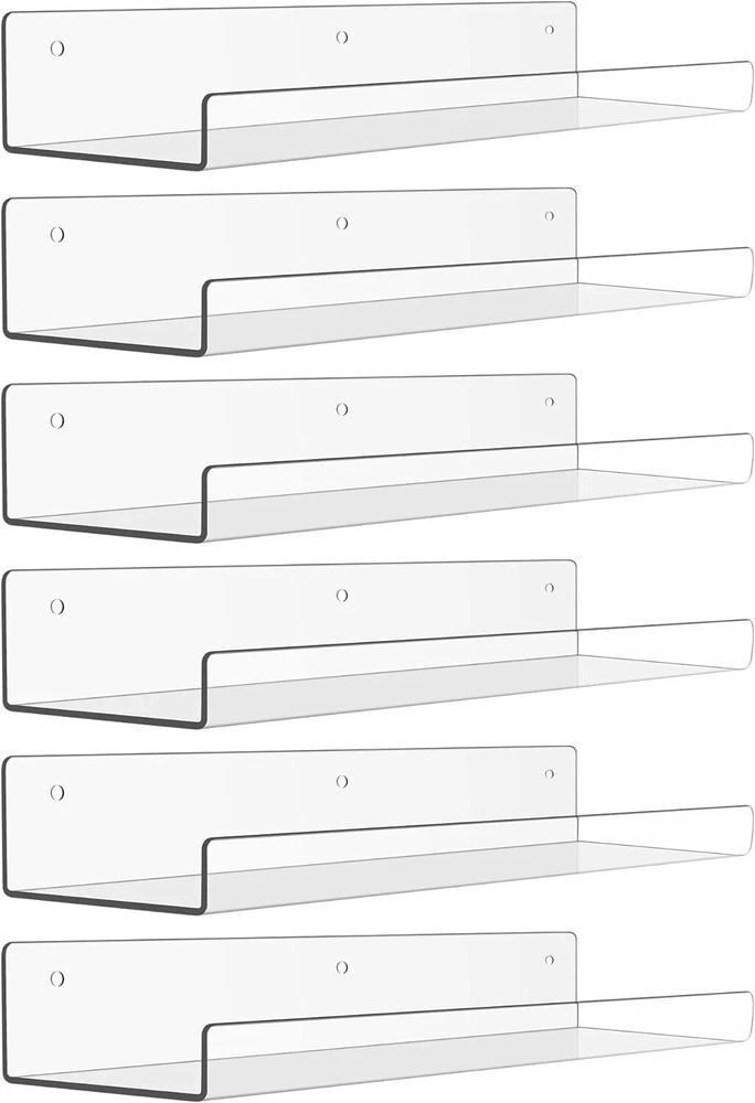 6 Pack Clear Acrylic Floating Shelves 15 Inch for Wall Storage Books Bathroom Decor