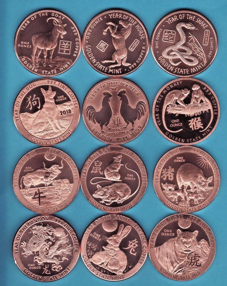 2013 - 2024 CHINESE  Zodiac Lunar Year  12 COIN SET  1 oz Copper Round Coins OLD