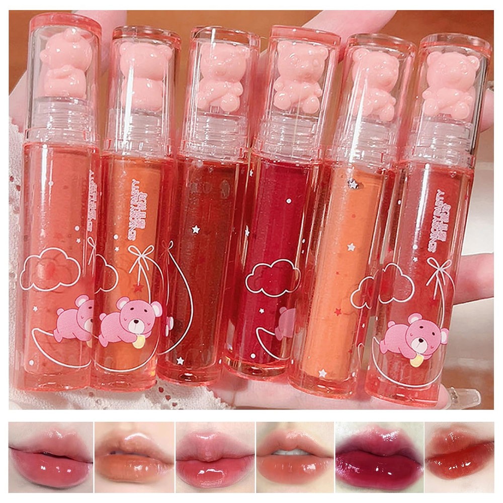 Yasovigi 6pcs Jelly Lip Gloss Bear Stain Moisturizing Watery Lipstick Set