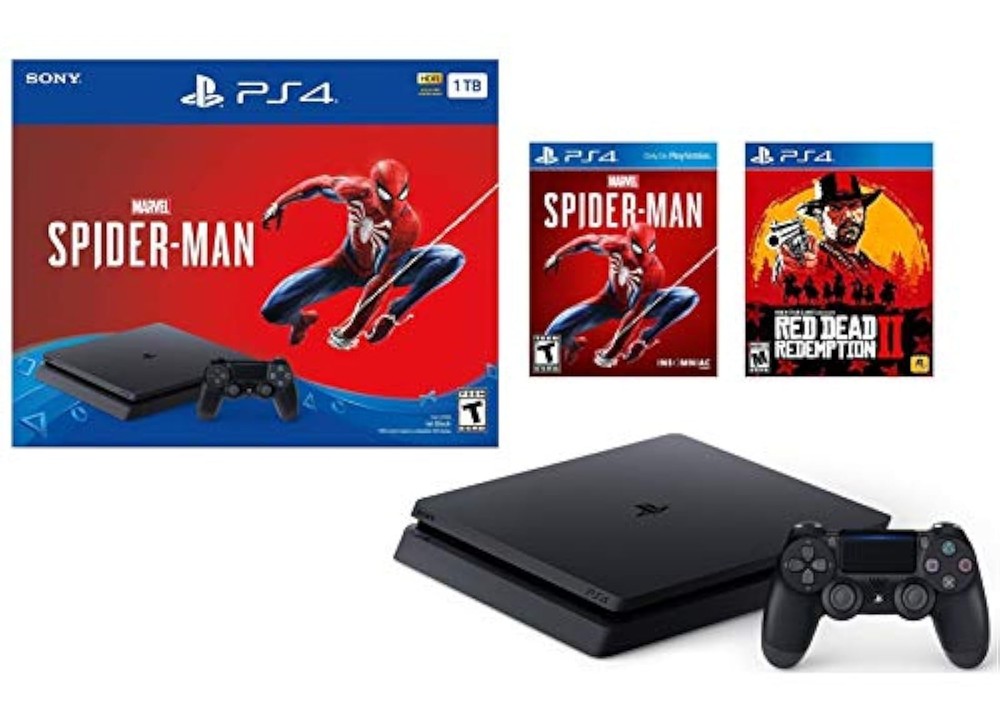 PlayStation 4 1TB Jet Black Console with Spider-Man and Red Dead Redemption 2