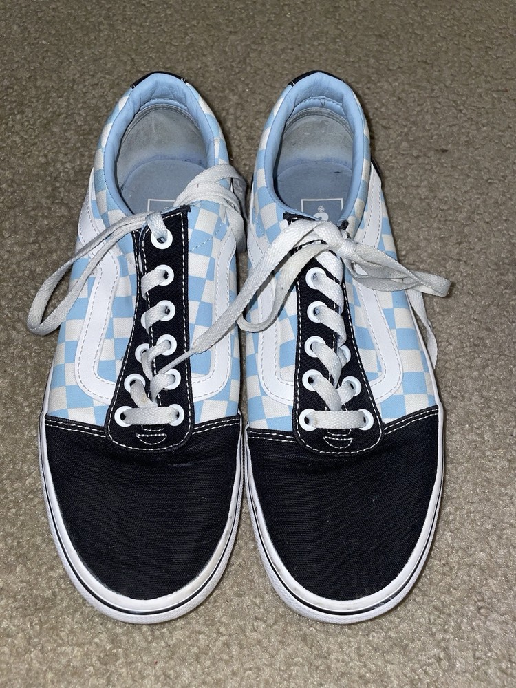Vans Old School Blue And White Checker Black Skate Shoe Womens 9