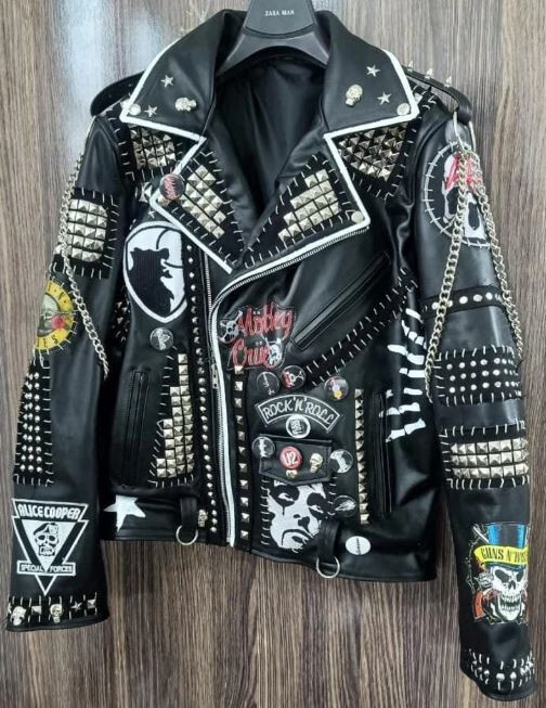 Handcrafted Mens Biker Jacket with Silver Studs Punk Style Leather Coat  