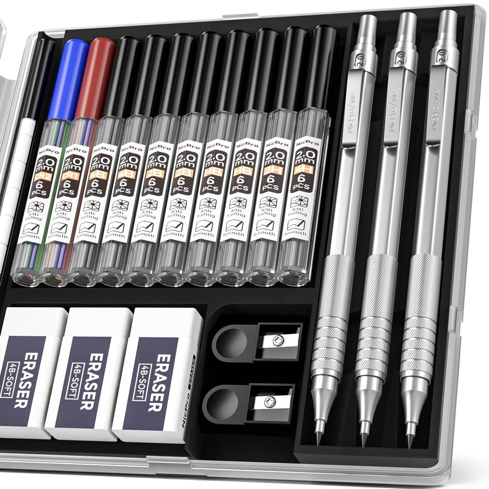 Nicpro Metal 2.0 Mechanical Pencil Set with Case, 3 PCS Drafting Lead Holder ...