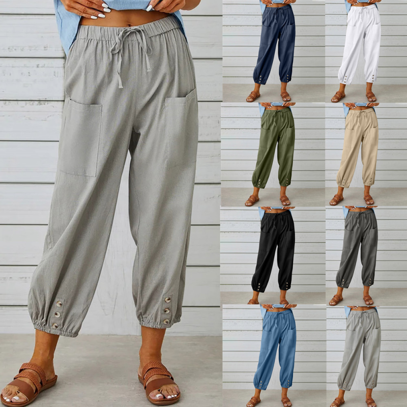 Women's Pants Loose High Waisted Buttoned Cotton and Linen Cropped Wide Leg