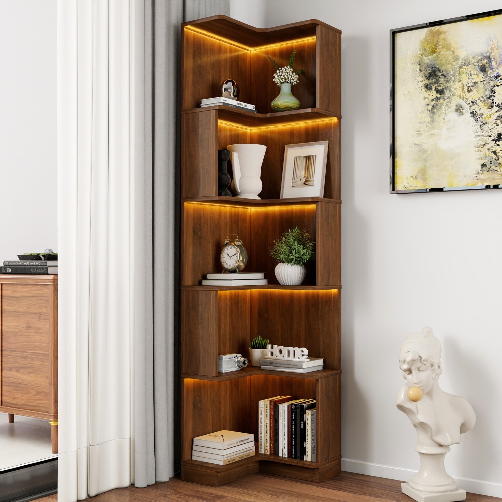 5 Tier Corner Bookshelf  Bookcase with Baffle Display Shelf Stand Home Office