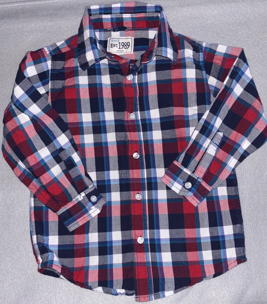 Childrens Place Boys Button Front Shirt Size 3T 100% Cotton Plaid Red