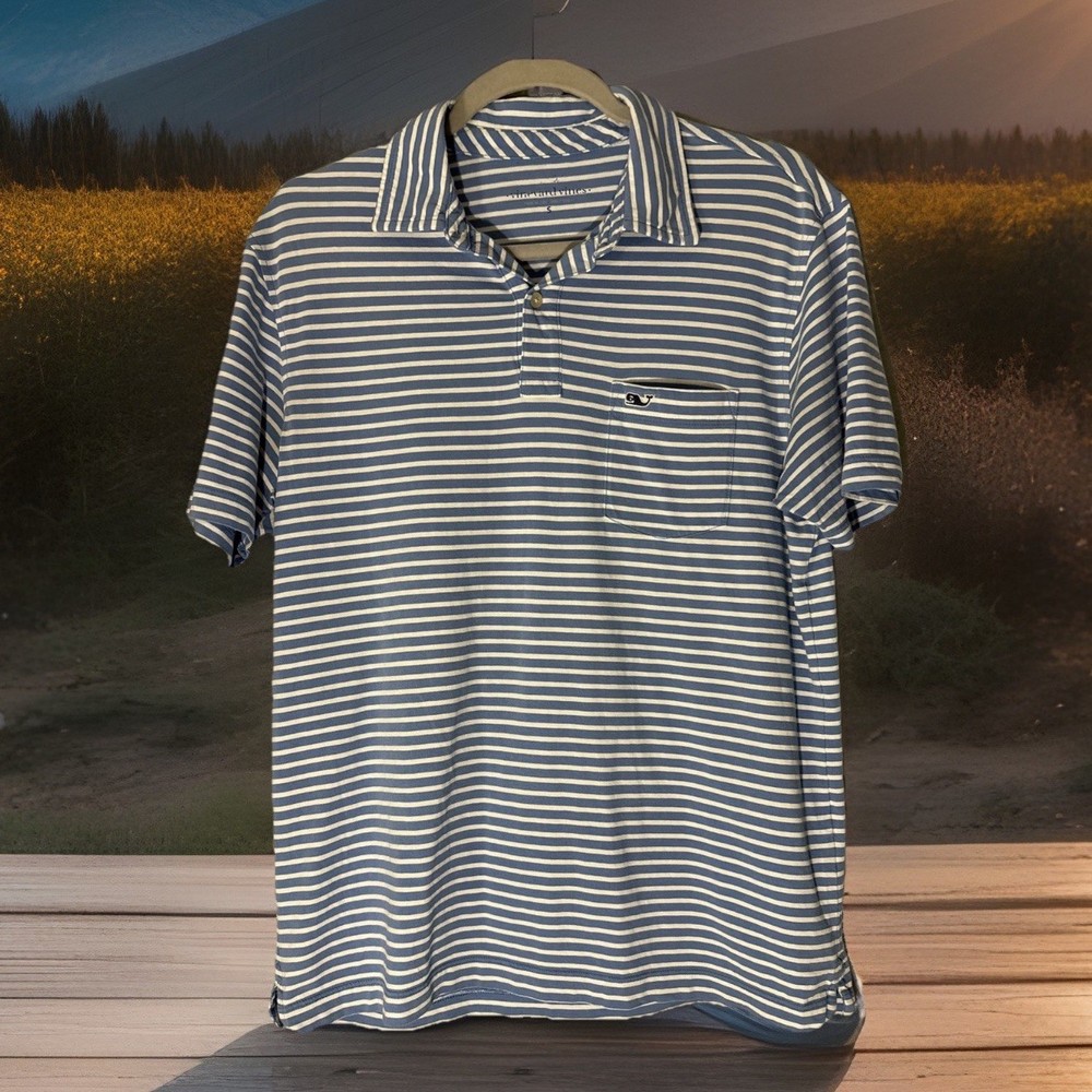 Vineyard Vines Men's Small Pocketed Polo Shirt, Blue White Stripes