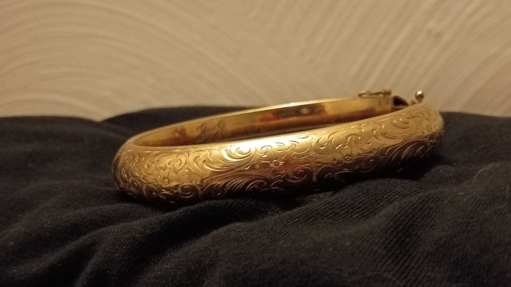 Antique Victorian Gold Filled / RGP Hinged Bangle Bracelet Floral Engraved 5.9”