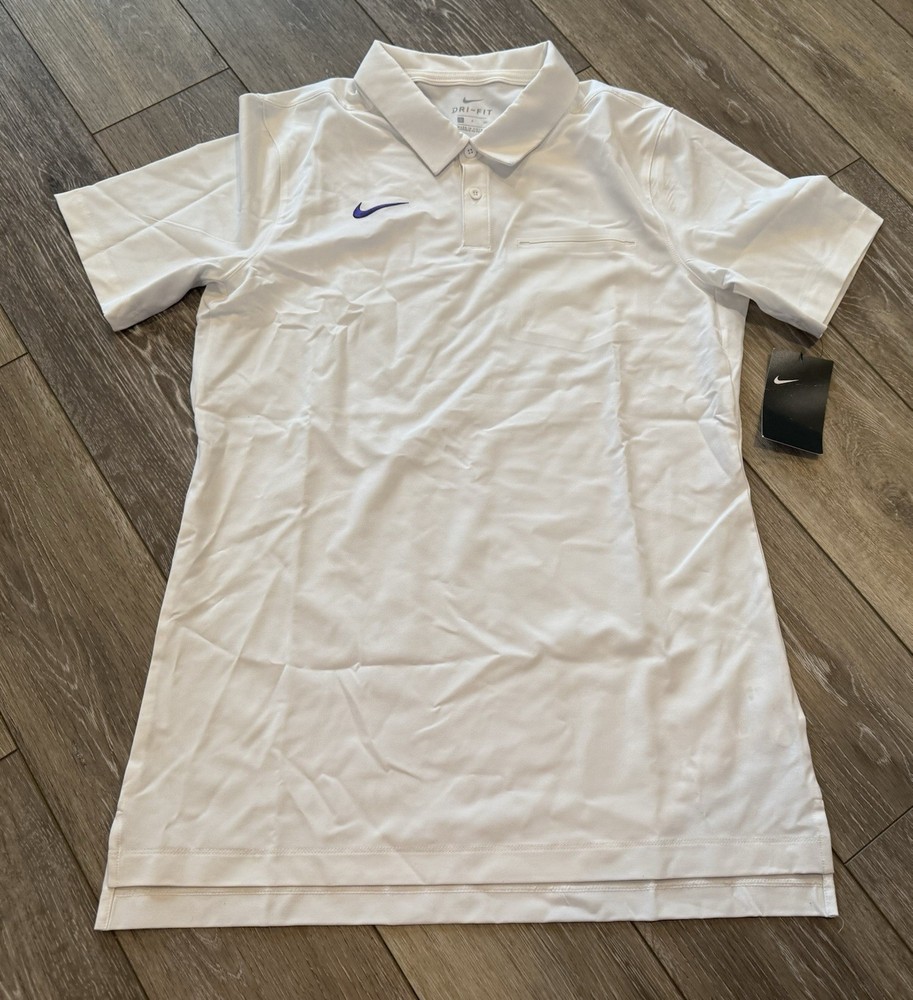 Nike Men’s Dri-Fit White Purple Swoosh Short Sleeve Polo Shirt w/ Pocket AO5438