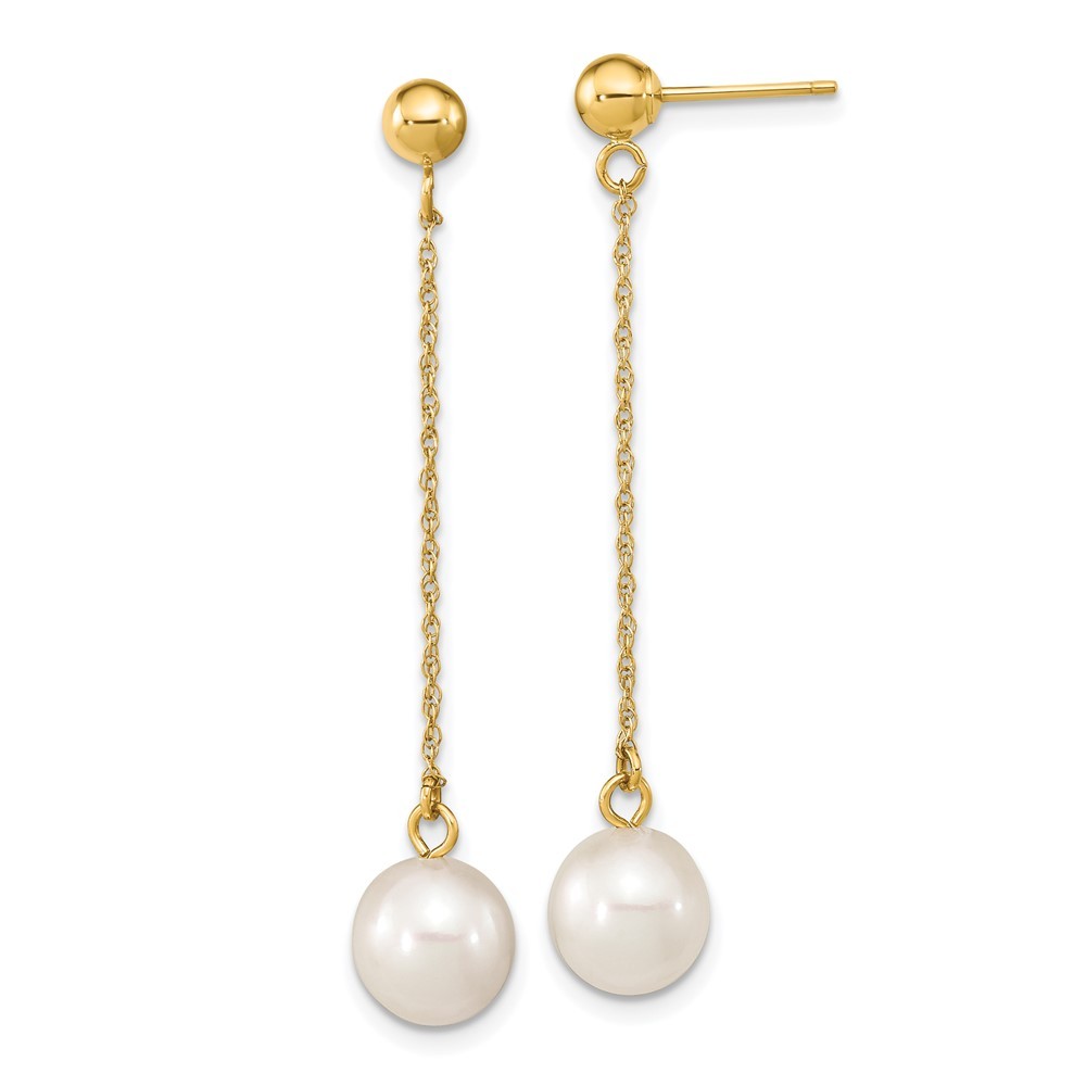 14K Yellow Gold 7-8mm White Freshwater Cultured Pearl Drop & Dangle Earrings
