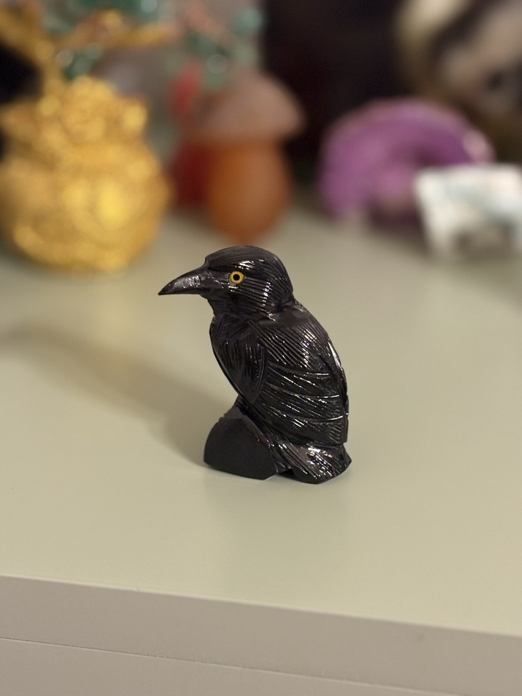 Natural Obsidian Quartz Crystal Carved Crow with Polished Yellow Eyes and Large Beak