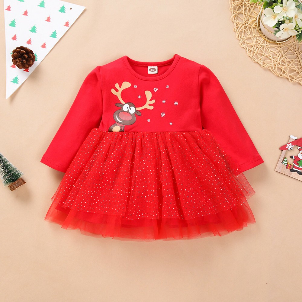 Kids Baby Girls Long Sleeve Christmas Xmas Deer Tulle Tutu Party Princess Dress