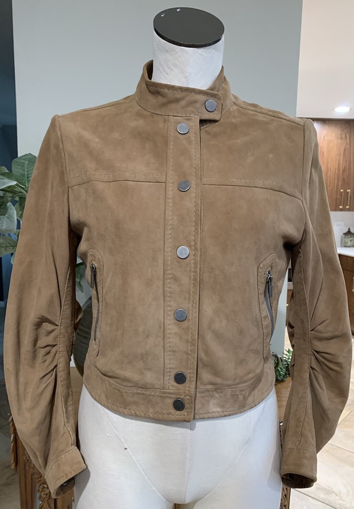 bcbg maxazria women small brown gravel suede snap front bomber jacket