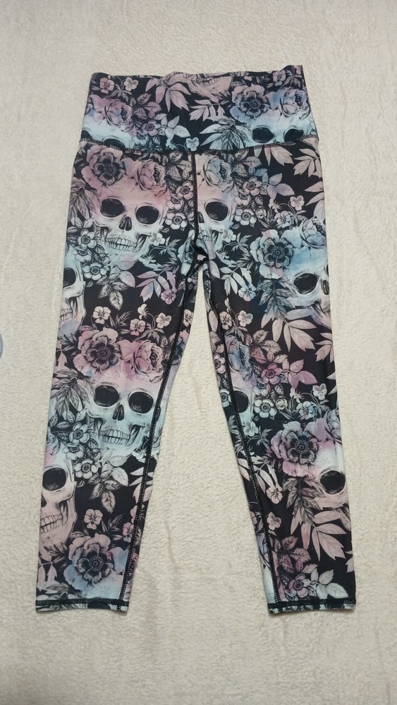 Evolution and Creation Women's Leggings Floral Skull Print High Rise M