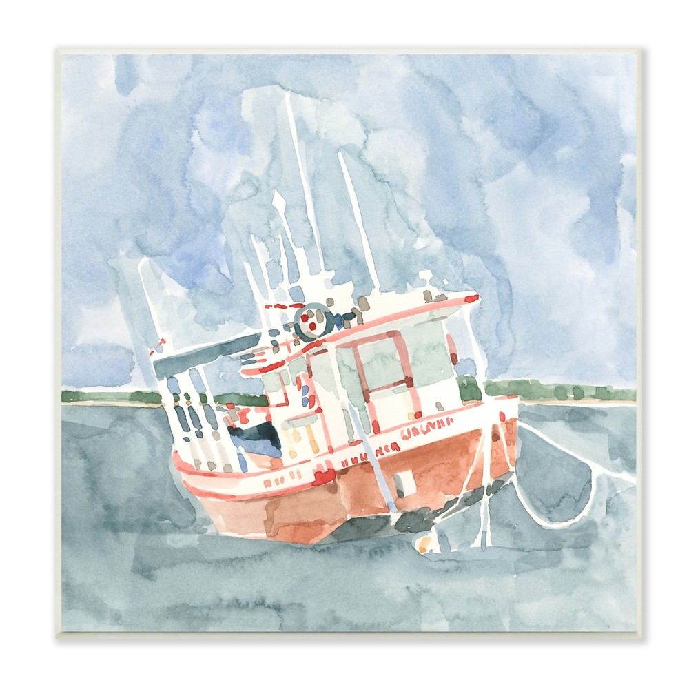 Stupell Coast Guard Boat Transportation Ocean Watercraft  Wood Wall Art - Blue