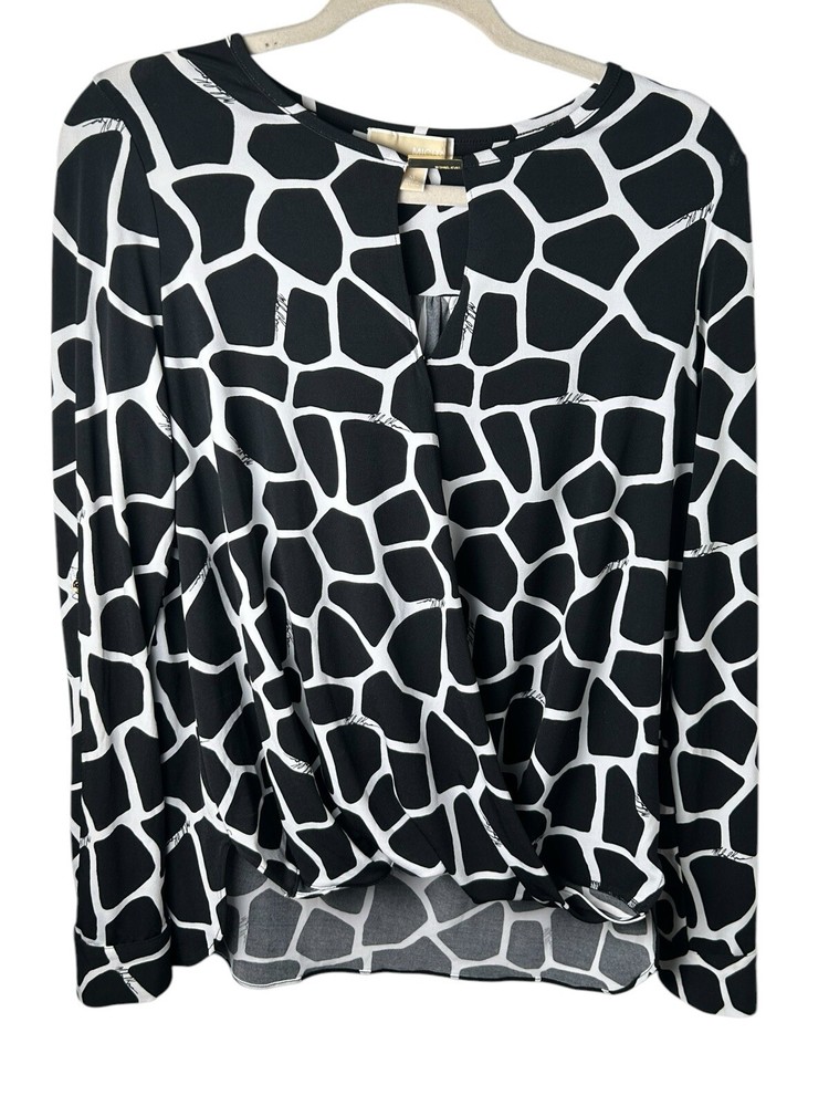 Michael Kors black and white giraffe print surplice blouse  with MK signature.