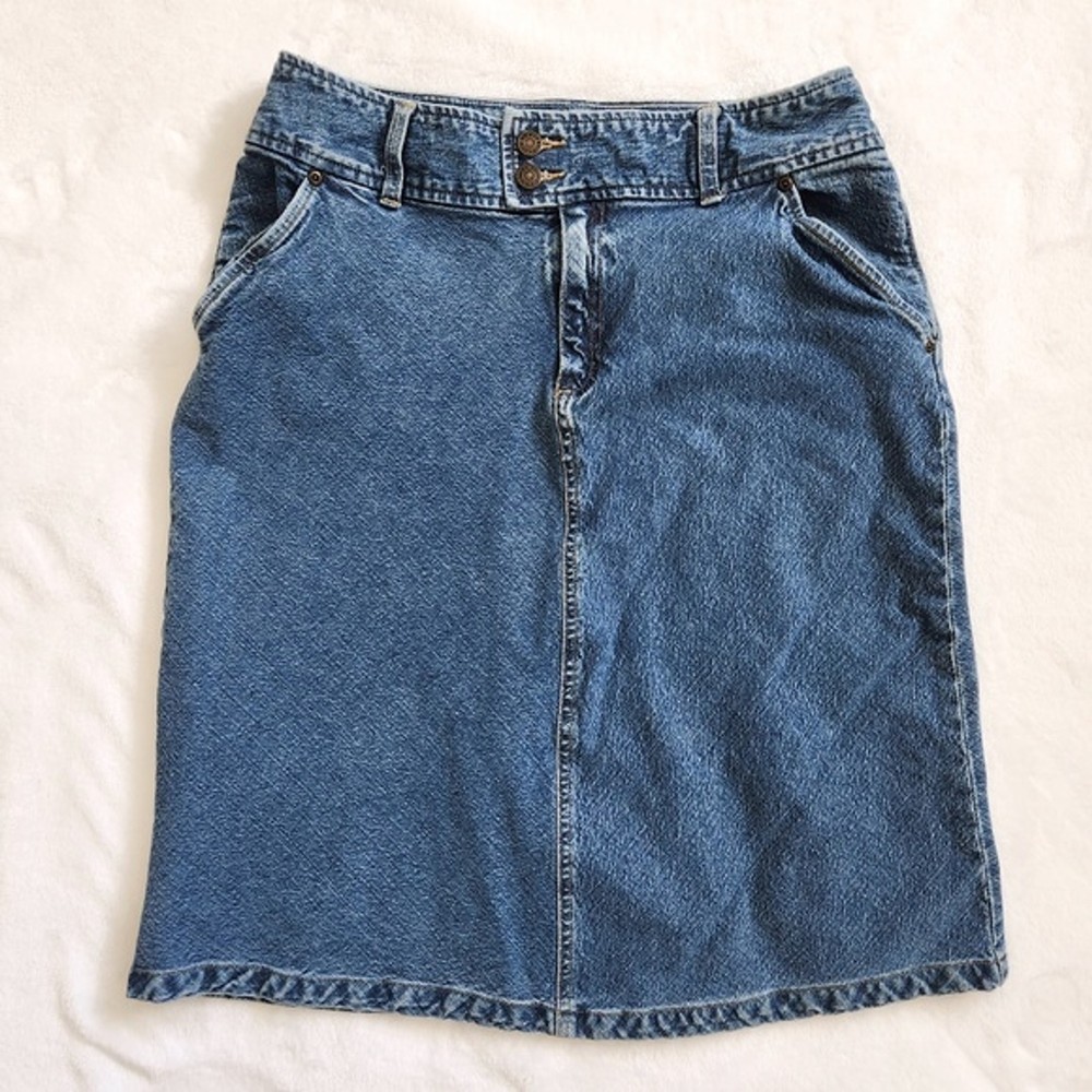 Vtg Y2K Crazy Horse Denim Skirt Women's Size 10 Double Button Blue Medium Wash