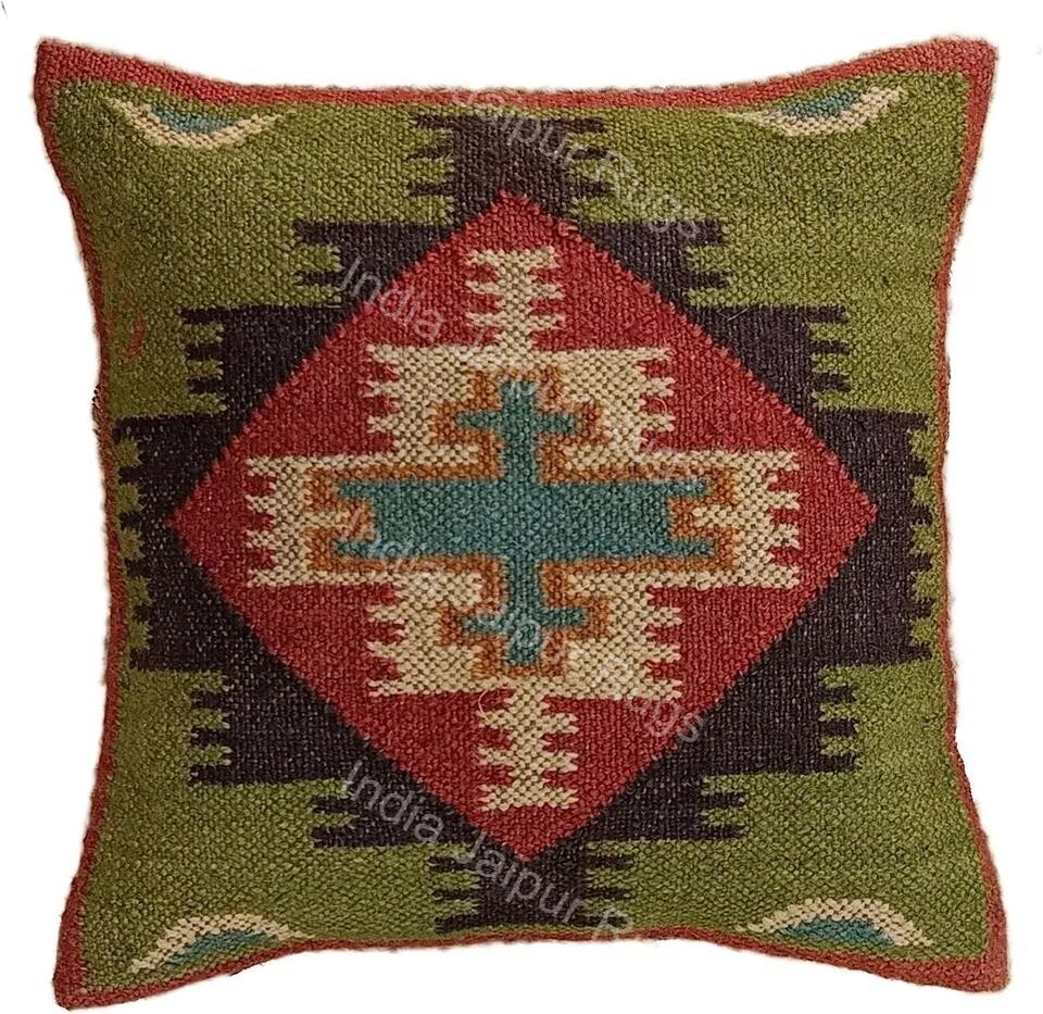 18x18 Vintage Indian Cushion Cover Throw Indian Wool Jute Handmade Kilim Pillow