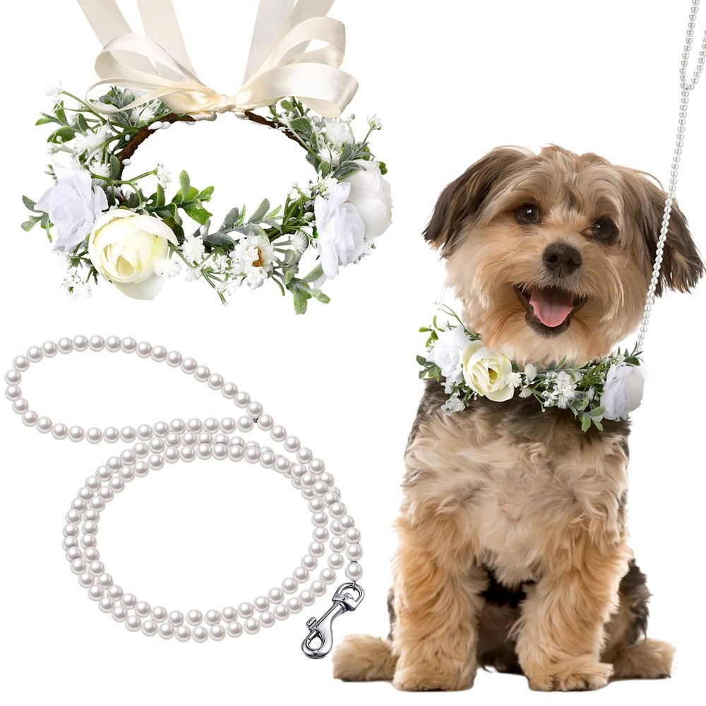 2 Pcs Dog Flower Collar Wedding and Leash Set Pearls for Dogs 120 cm 4 ft Pea...