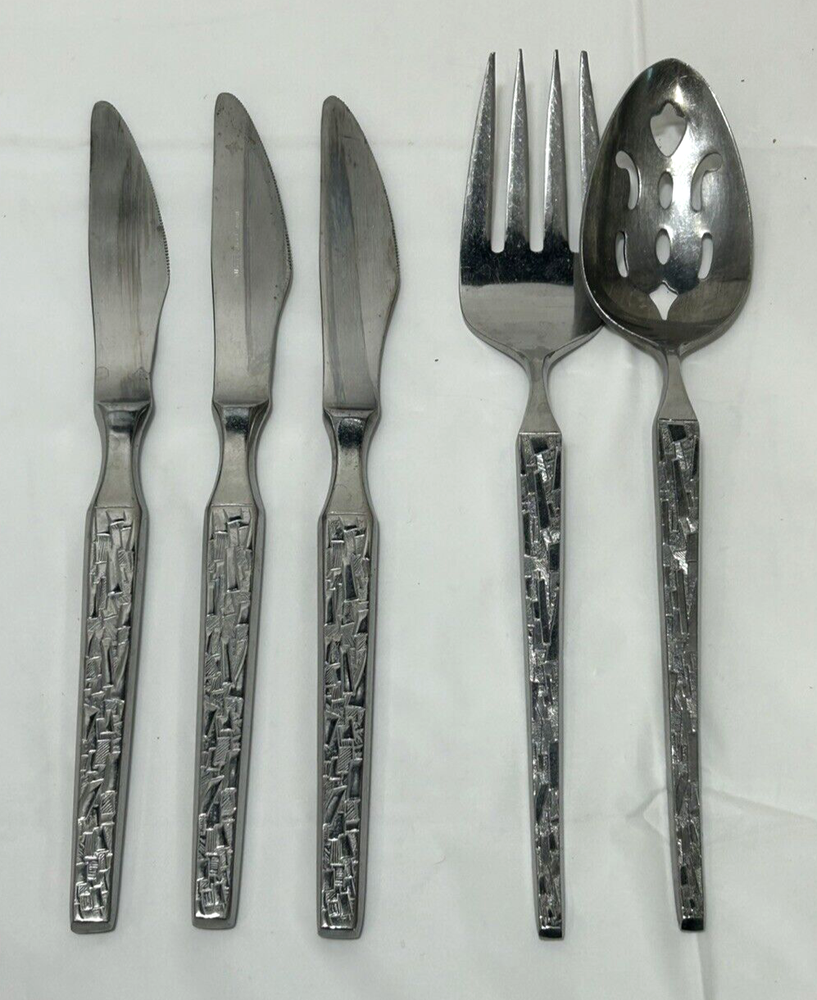 5-Piece Riviera Mosaic Flatware Set - Brutalist Serving Spoon, Fork & 3 Knives