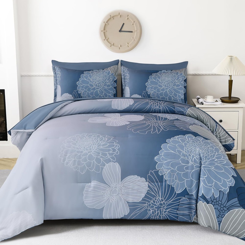 Floral Comforter Set Queen Size, 7 Pieces Blue Gradient Flower Pattern Comfor...