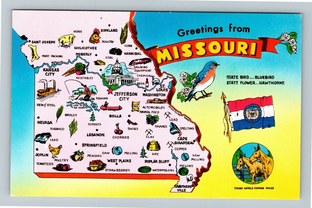 MO-Missouri, Map, Landmarks, General Greetings, Vintage Postcard