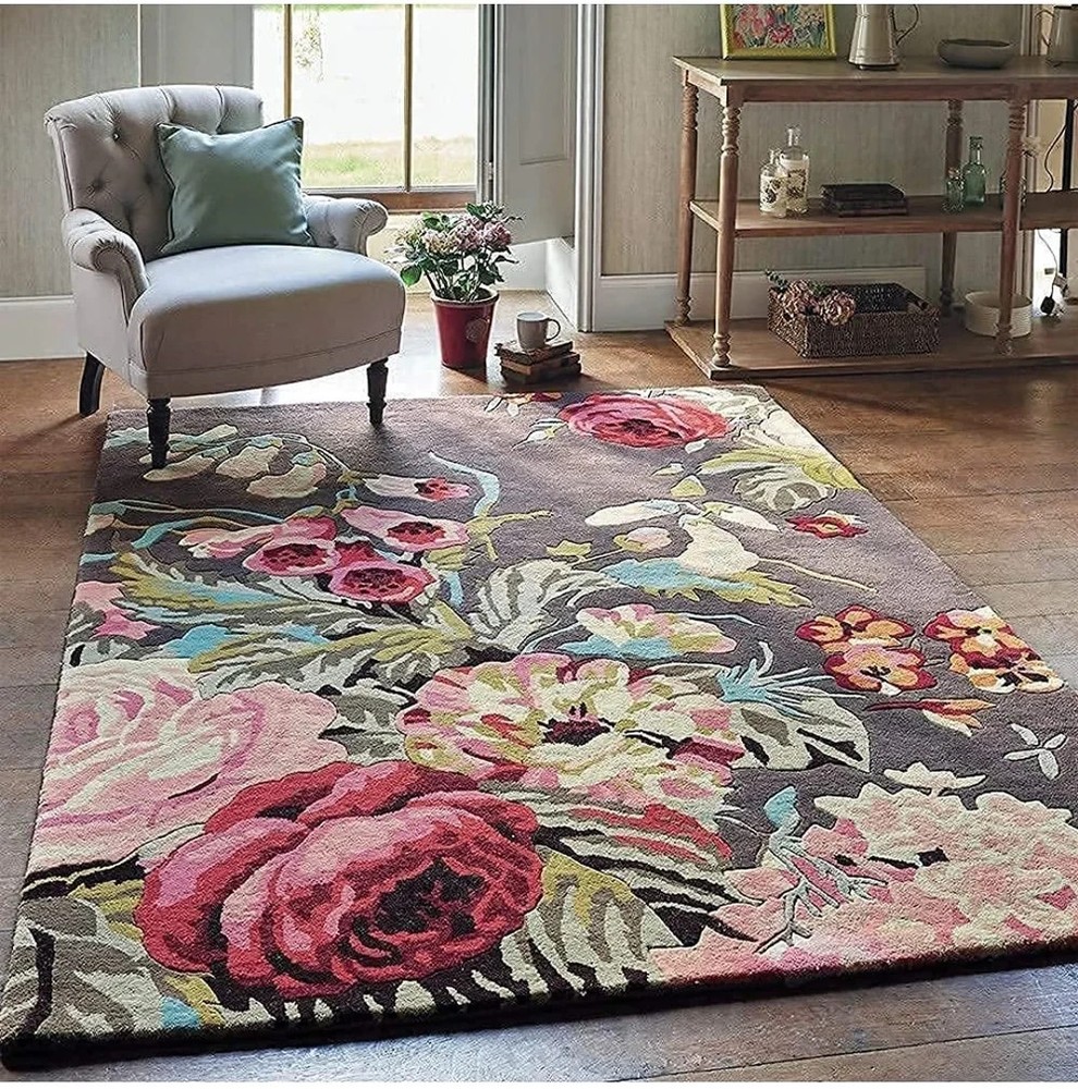 Floral Hand Tufted Carpet & Rug 100% Wool hall living room kitchen office