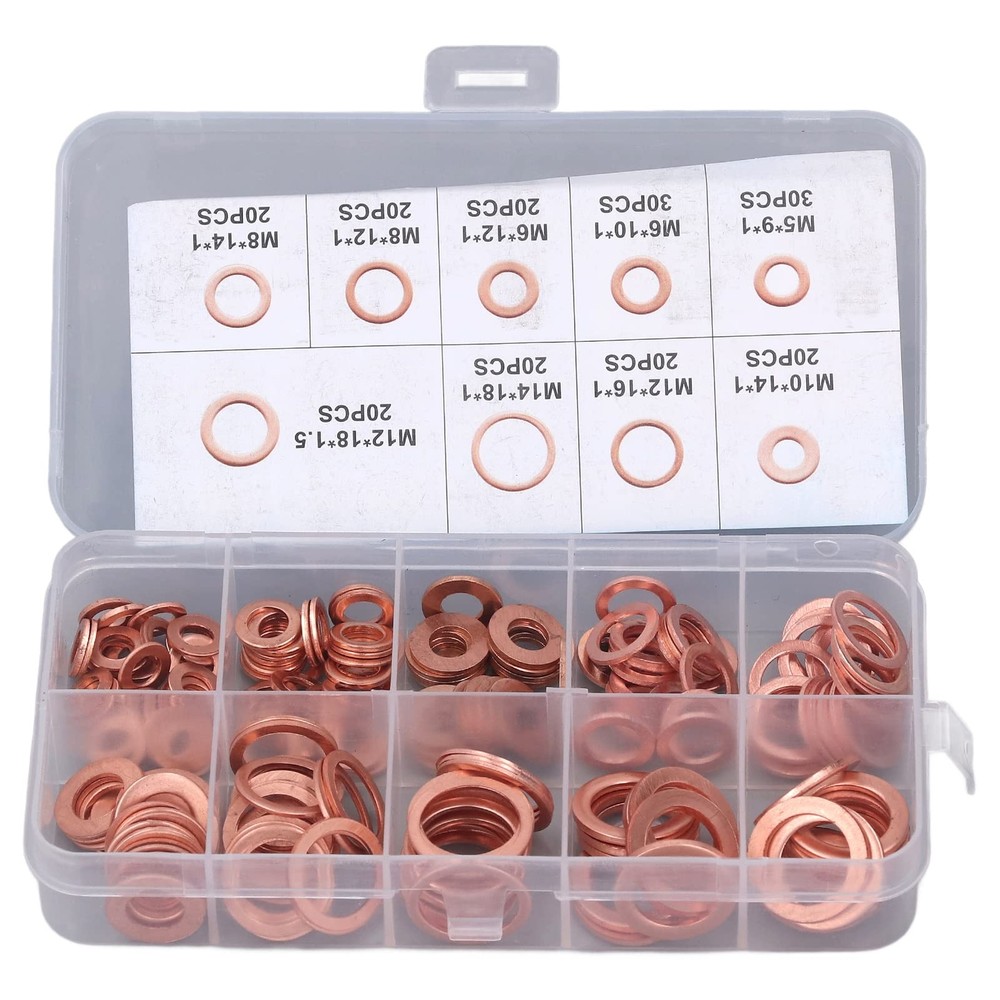 200Pcs Seal Oil Washers Gasket Assortment Kit Red Copper Oil Crush Washers 9 ...