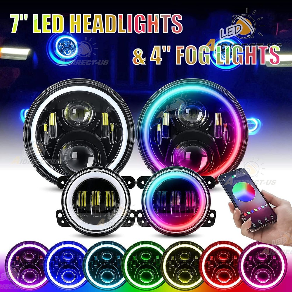Muti-Color 7'' RGB LED Halo Headlights Fog Lights Combo Kit for Jeep Wrangler JK