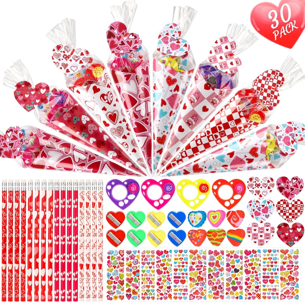 Valentines Day Sweet Cone Gifts for Kids - 30 Pack Party Favors