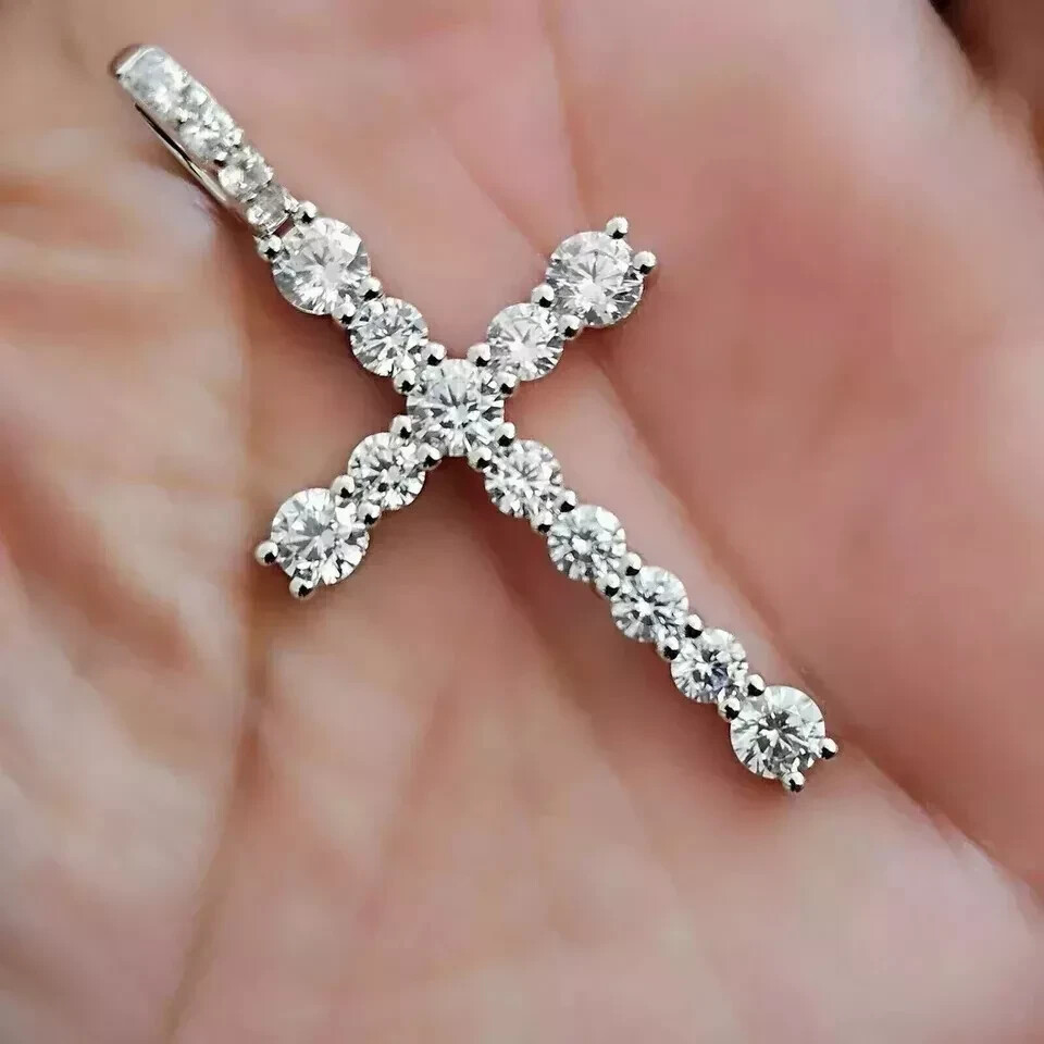 2Ct Round Cut Moissanite Cross Pendant in 14K White Gold Plated Chain