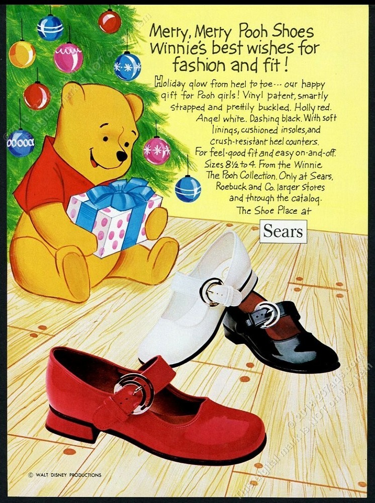 1971 Winnie the Pooh Christmas tree art Sears girl's shoes vintage print ad