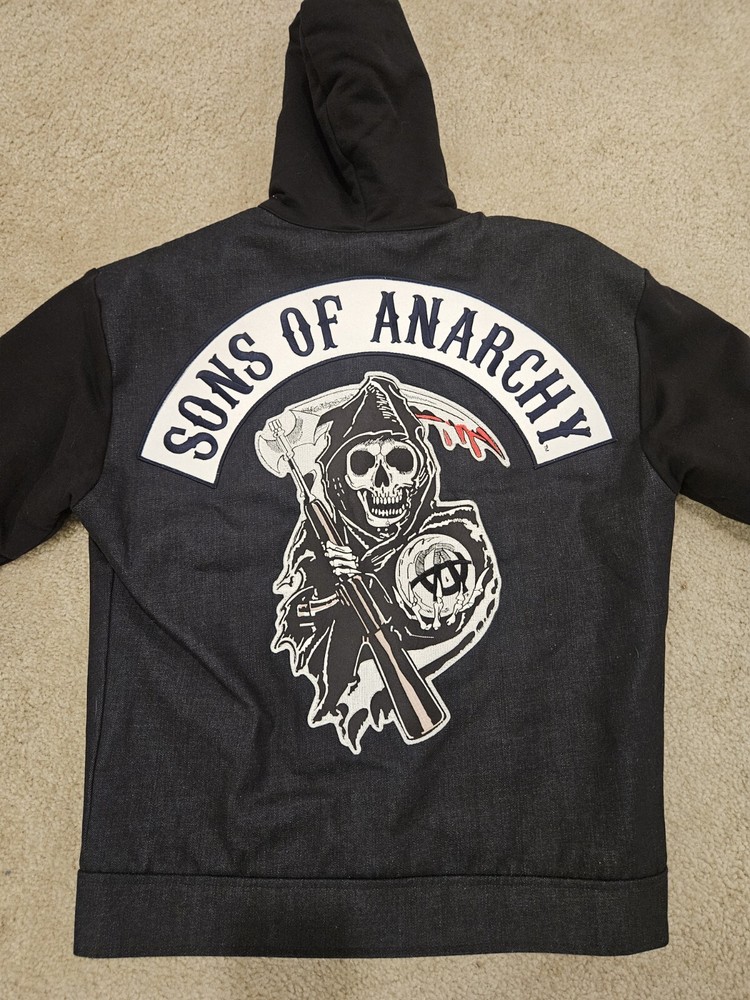 Sons Of Anarchy SOA Denim Jacket Men Size S Blue Biker Hoodie Road Gear