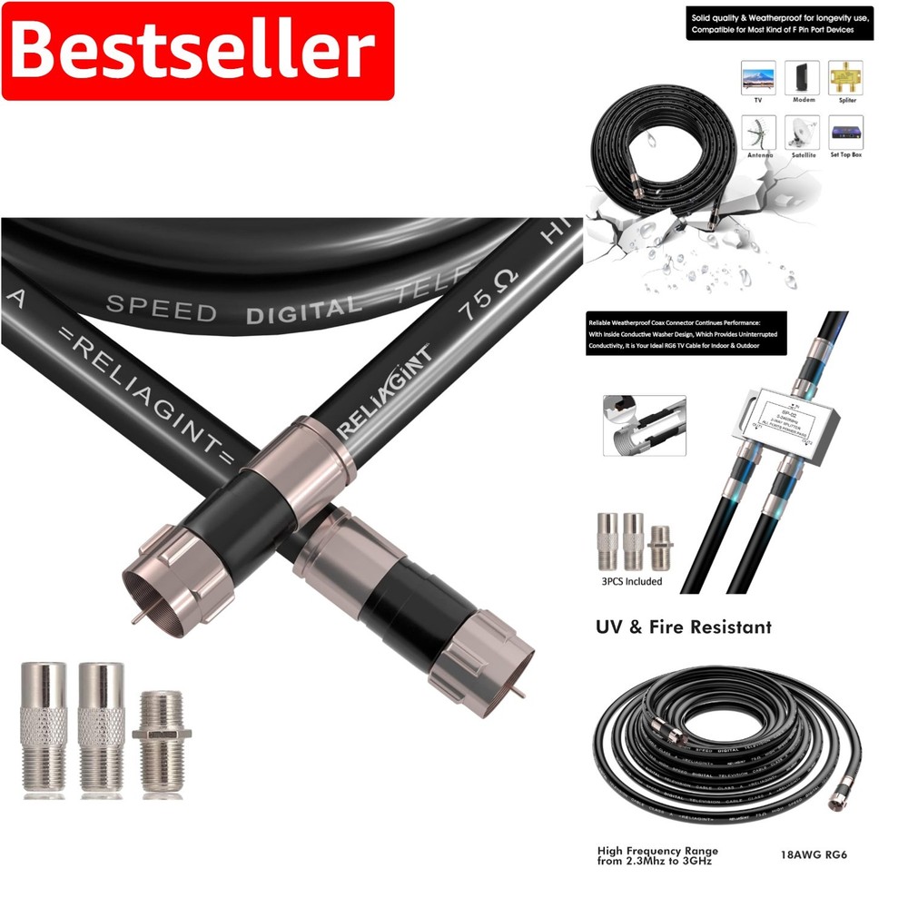 6ft Coaxial Cable with F Connector & F8 Adapter for HD TV