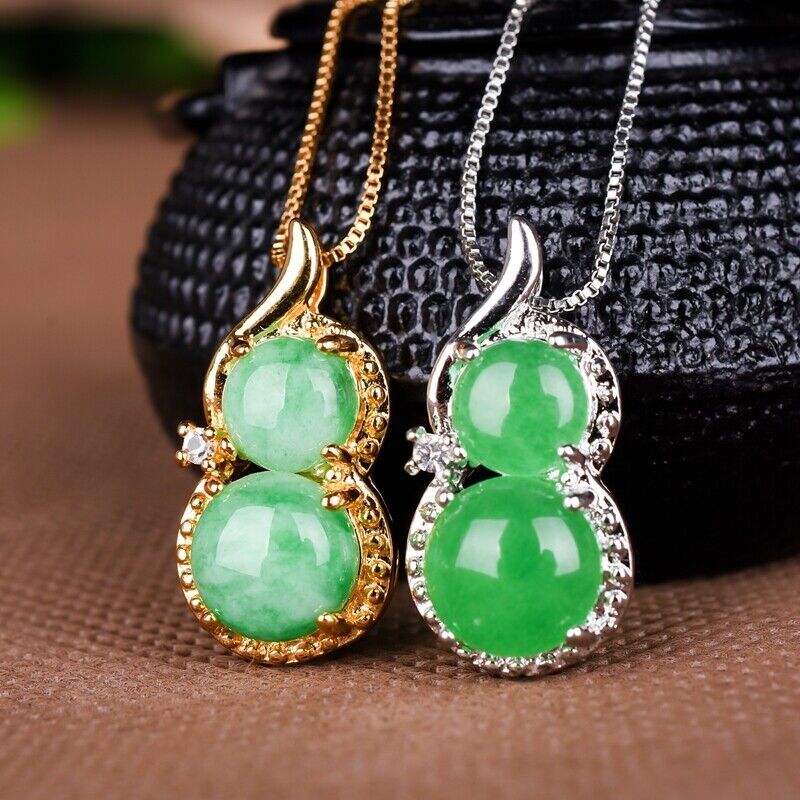 Green Jade Gourd Pendant Amulet 925 Silver Necklace Natural Jewelry Vintage