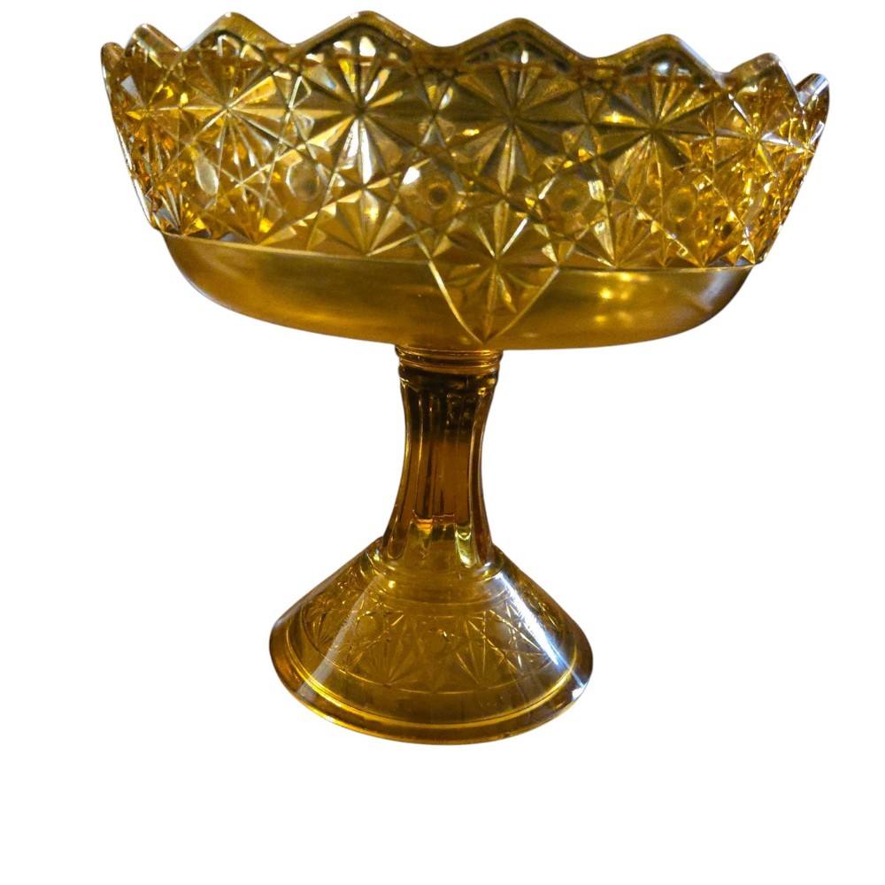 Antique Victorian McKee 8-inch Amber Glass Compote Pedestal Bowl with Daisy Panels