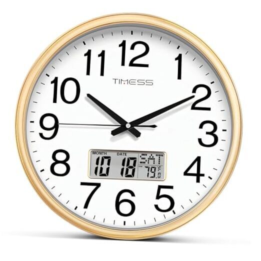 Wall Clock, 11 Inch Non-Ticking Silent Battery Operated Quartz Analog with LCD