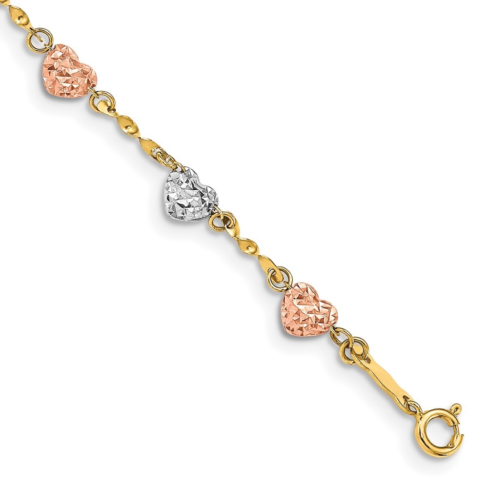 14K Tri Color Gold Diamond-cut Puff Heart Bracelet 8